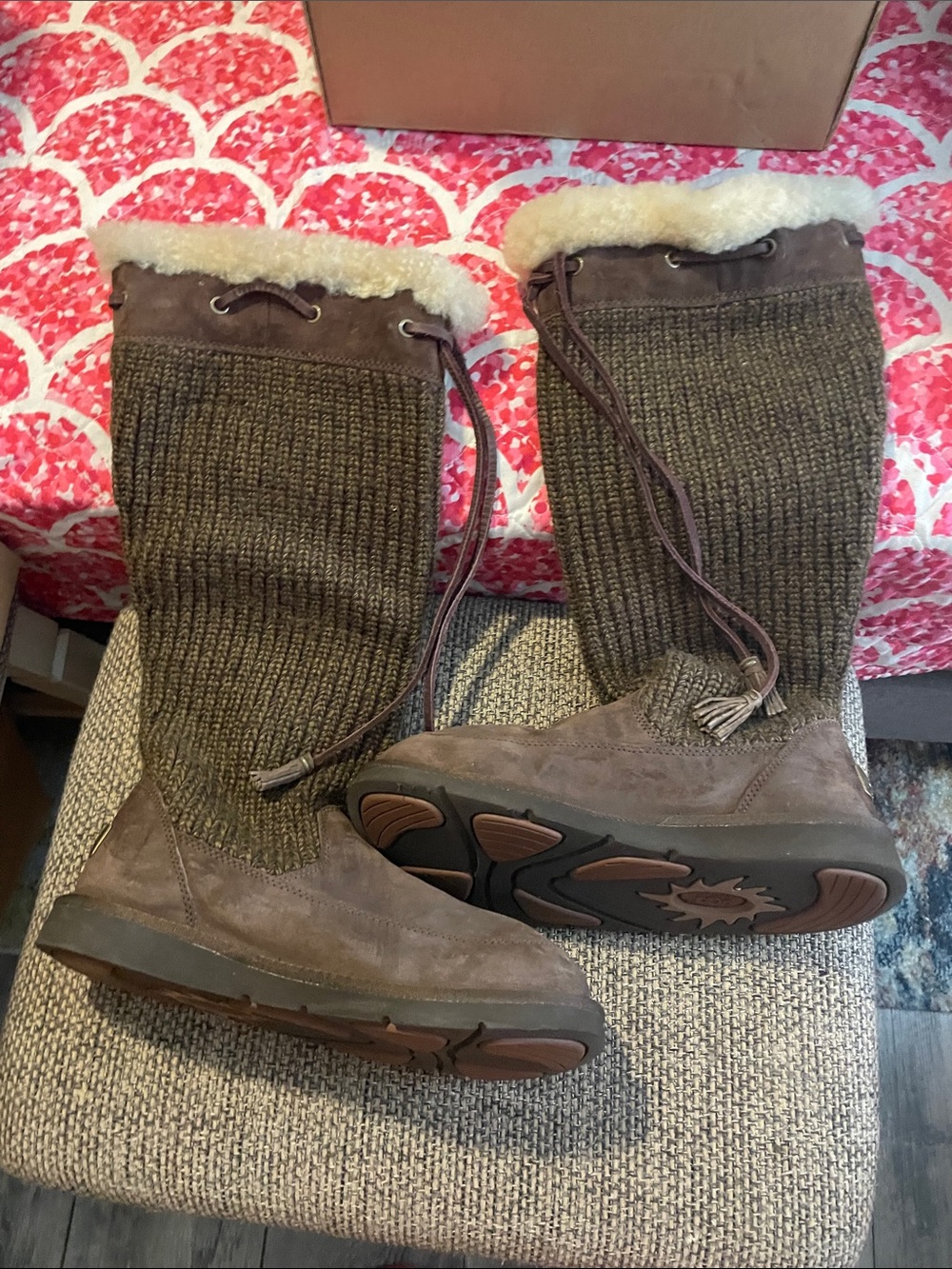 UGG Women's Brown Knit & Suede Winter Boots with Shearling Trim